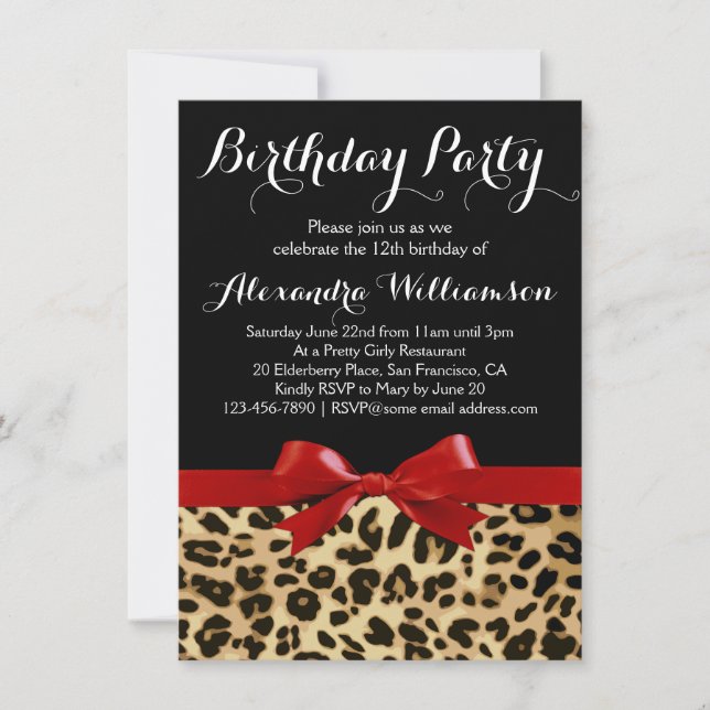 Invitación Partido Birthday del Chica Leopard Bright Red Bow (Anverso)
