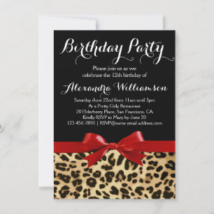 Invitación Partido Birthday del Chica Leopard Bright Red Bow