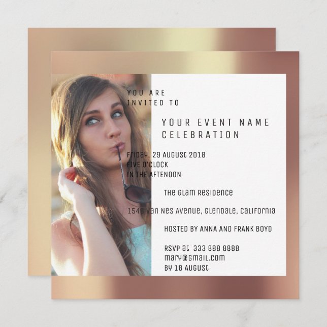 Invitación Partido Bridal Foto Geometry Copper Rosa Metálico (Anverso / Reverso)