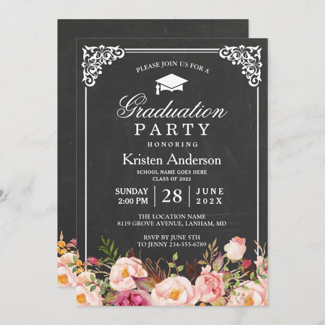 Invitación Partido clásico de graduación floral del marco de  (Anverso / Reverso)