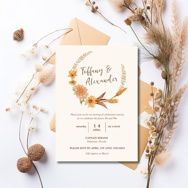 Invitación Partido Comprometido de las Flores de Otoño (Boho Fall Flowers Engagement Party Invitation)