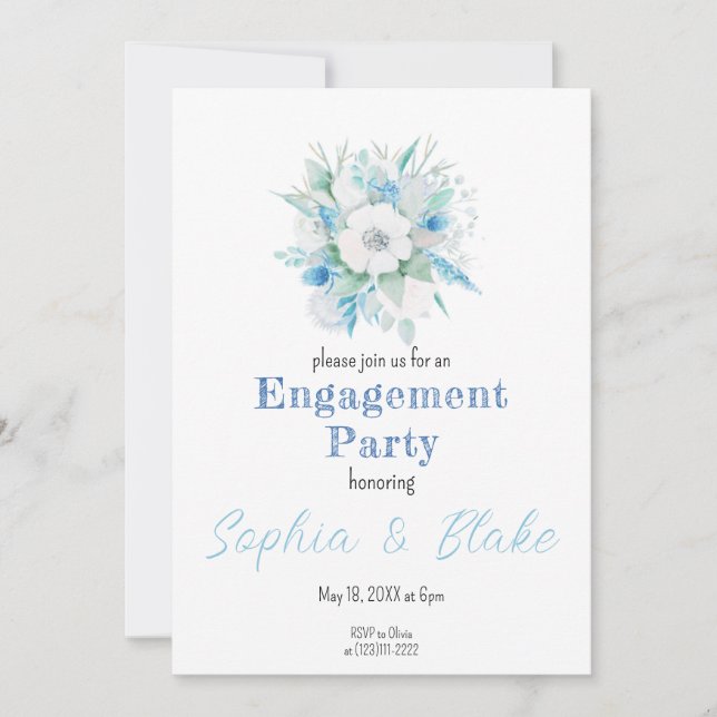 Invitación Partido Compromiso Blanco con el Bouquet Floral Az (Anverso)
