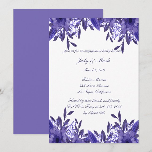 Invitación Partido Compromiso de Foliage Purple Blue Floral (Anverso / Reverso)