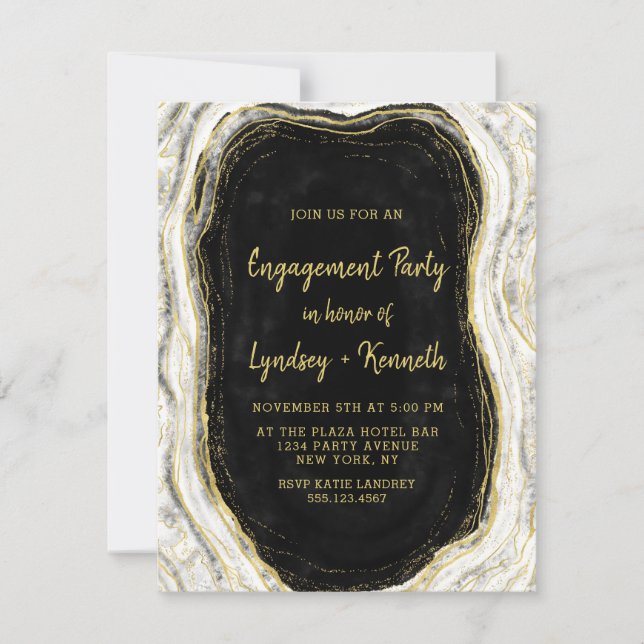 Invitación Partido Compromiso de Geode Black White & Gold (Anverso)