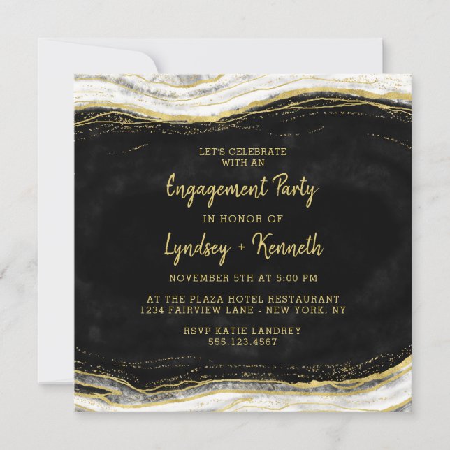 Invitación Partido Compromiso de Geode Black White & Gold (Anverso)