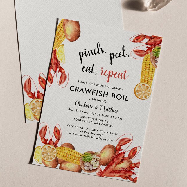 Invitación Partido Compromiso de Parejas Crawfish Boil (Crawfish Boil Pinch Peel Engagement Cookout Party Invitation)