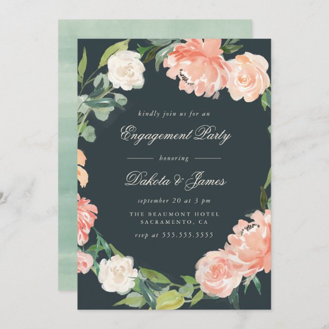 Invitación Partido Compromiso de Rubor Pink Peonies & Eucalyp (Anverso / Reverso)