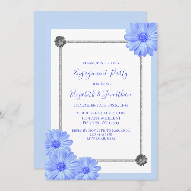 Invitación Partido Compromiso Elegante Floral Azul Claro (Anverso / Reverso)