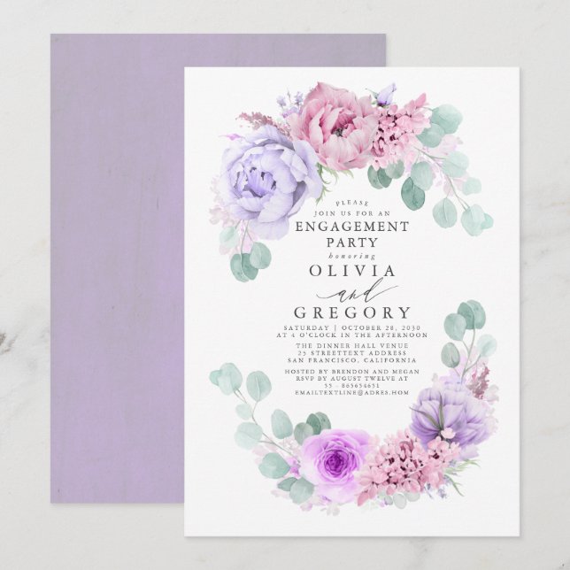 Invitación Partido Compromiso Elegante Floral Rosa y Morado (Anverso / Reverso)