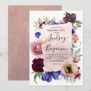 Invitación Partido Compromiso Floral Azul de Borgoña de Rubor