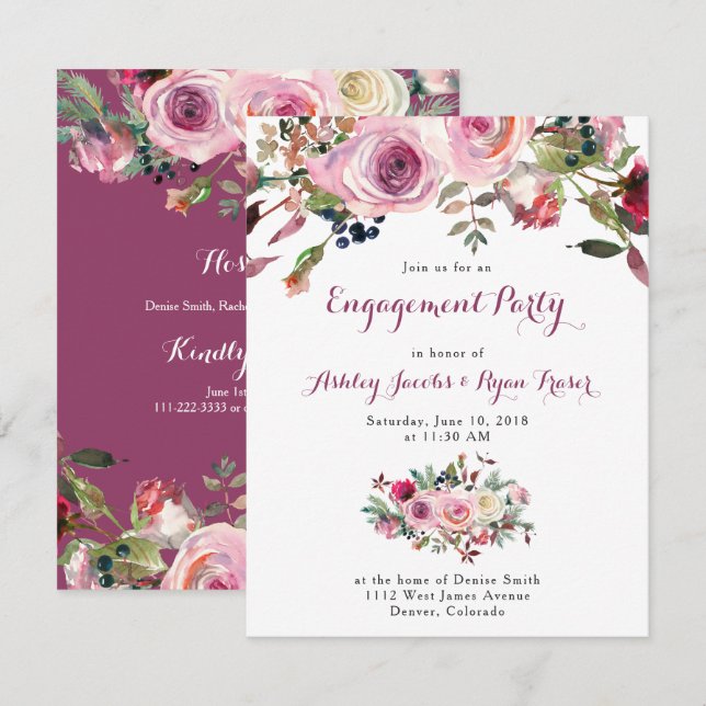 Invitación Partido Compromiso Floral de Rosa Morada (Anverso / Reverso)