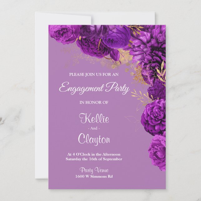 Invitación Partido Compromiso Floral Morado Y Oro (Anverso)