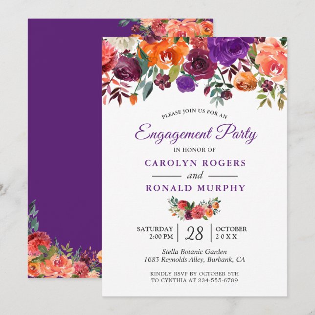 Invitación Partido Compromiso Floral Purple Burgundy Naranja (Anverso / Reverso)