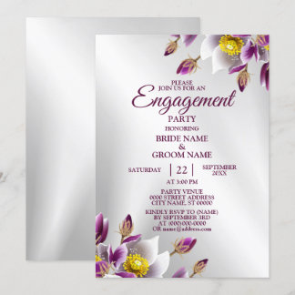 Invitación Partido Compromiso Floral Púrpura Plata Elegante