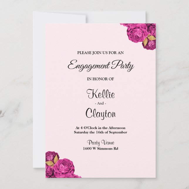 Invitación Partido Compromiso Floral Rosa Y Oro (Anverso)