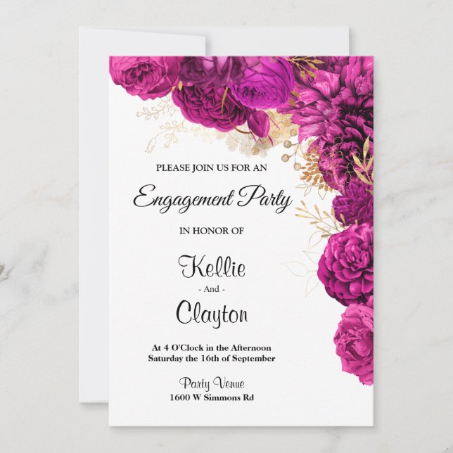 Invitación Partido Compromiso Floral Rosa Y Oro (Anverso)