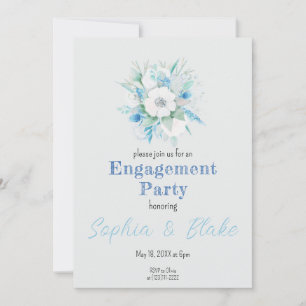 Invitación Partido Compromiso Gris con Bouquet Floral Azul y 