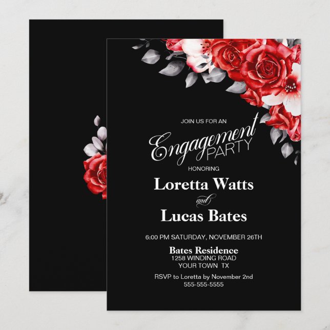 Invitación Partido Compromiso Negro Floral Red Rose (Anverso / Reverso)