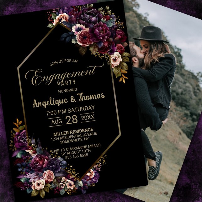 Invitación Partido Compromiso Negro Morado de Borgoña Floral (Subido por el creador)