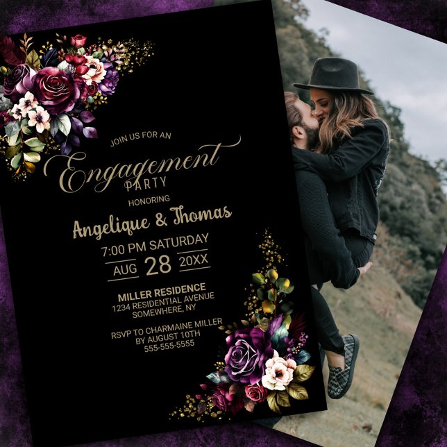 Invitación Partido Compromiso Negro Morado de Borgoña Floral (Subido por el creador)