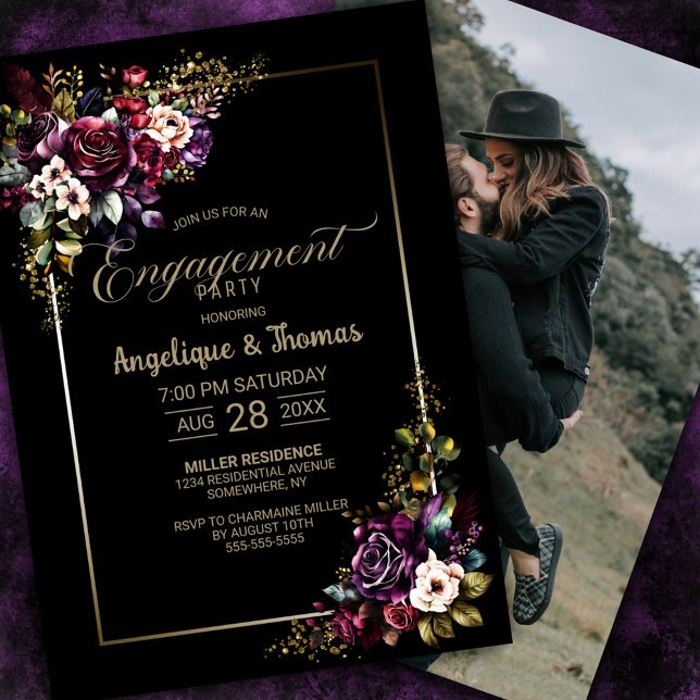 Invitación Partido Compromiso Negro Morado de Borgoña Floral (Subido por el creador)