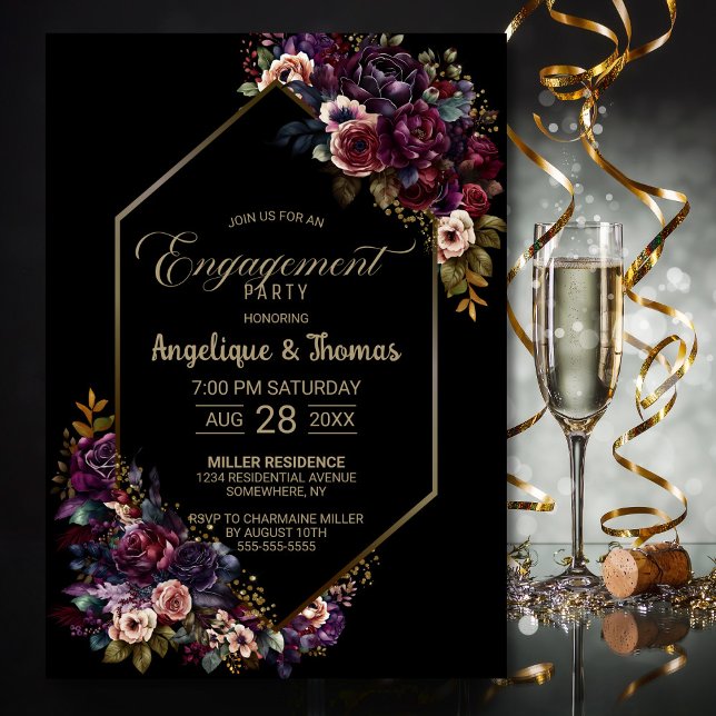Invitación Partido Compromiso Negro Morado de Borgoña Floral (Subido por el creador)