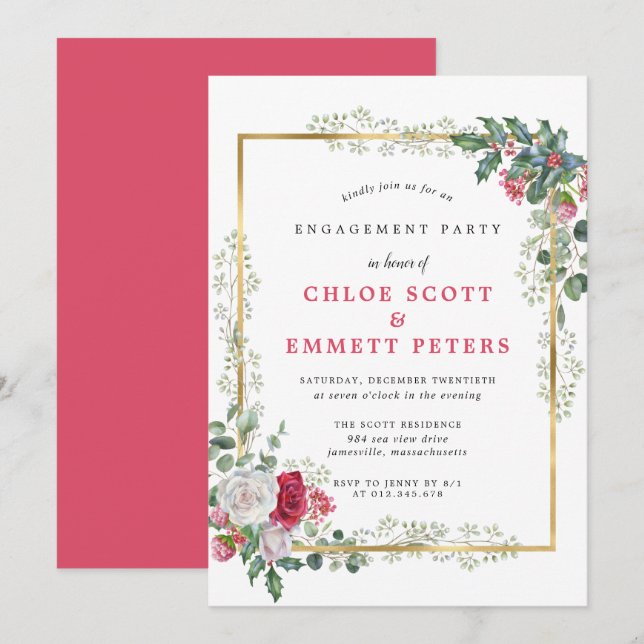 Invitación Partido Compromiso Red Floral Holly Berries (Anverso / Reverso)