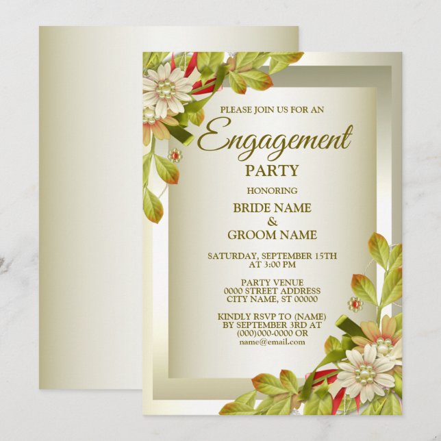 Invitación Partido Compromiso Verde Foliage White Floral Gold (Anverso / Reverso)