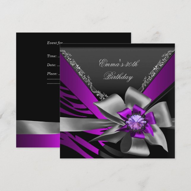 Invitación Partido Cumpleaños 30.ª Magenta Negra Púrpura Zebr (Anverso / Reverso)
