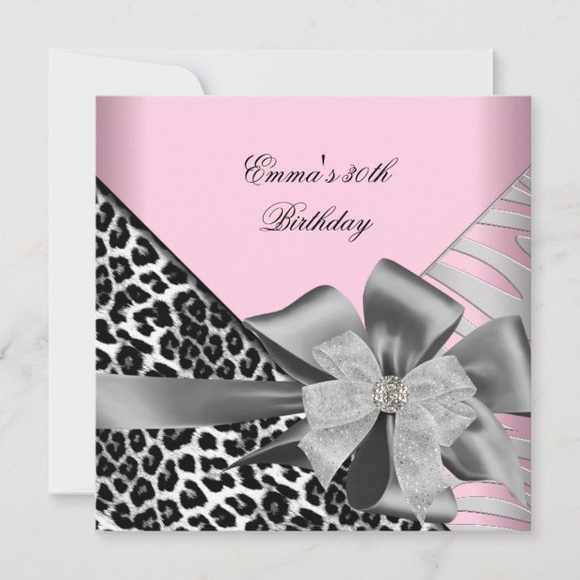 Invitación Partido Cumpleaños 30.º Negro Cebra Leopard Pink (Anverso)