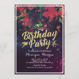 Invitación Partido Cumpleaños Red Floral Gold Script Purple L