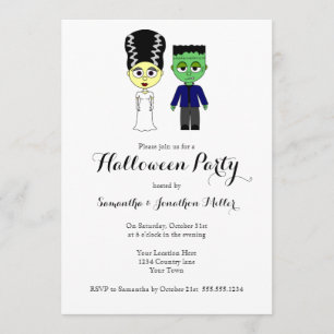 Invitación Partido Cute Frankenstein y Bride Halloween