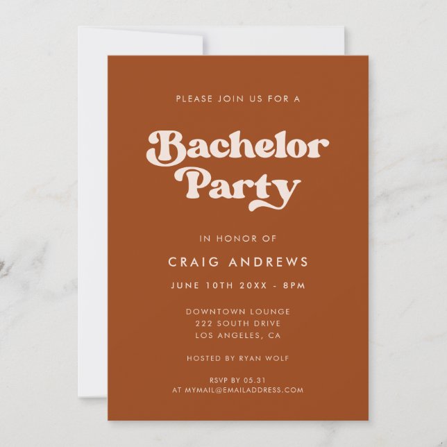 Invitación Partido de Bachelor Naranja Retro Quemado (Anverso)