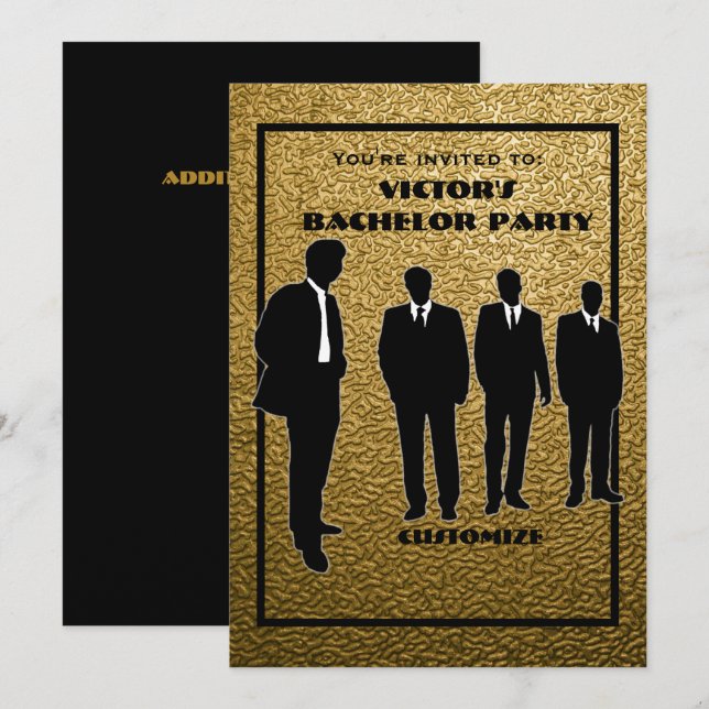 Invitación Partido de Bachelor Negro y Oro de moda (Anverso / Reverso)
