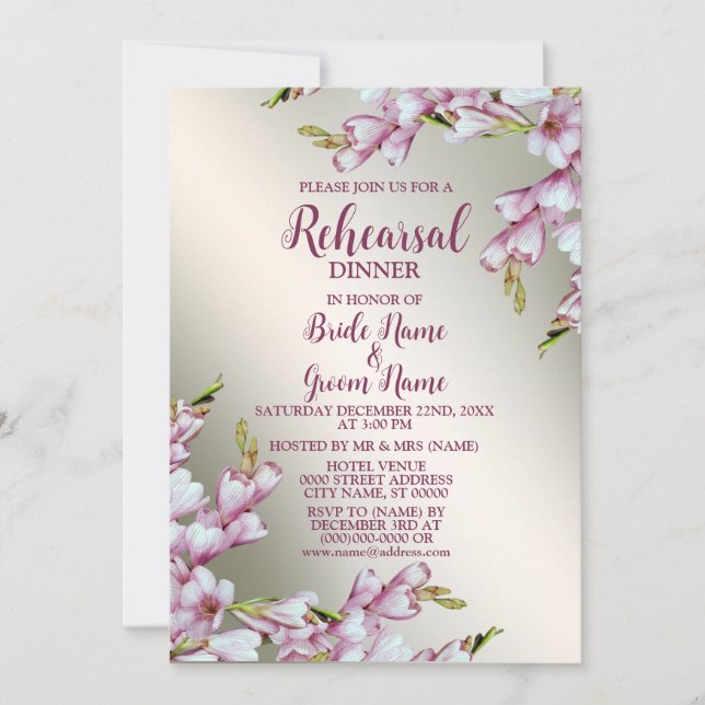 Invitación Partido de Boda de Cena de Ensayo Floral Blanca Ro (Anverso)