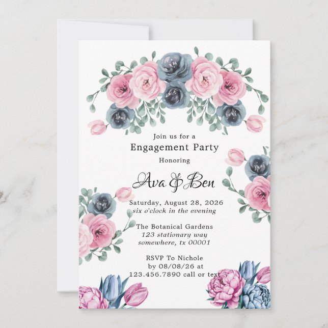 Invitación Partido de compromiso Arch Pink & Blue Blooms (Anverso)