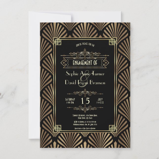 Invitación Partido de compromiso Art Deco Black Gatsby de los (Anverso)