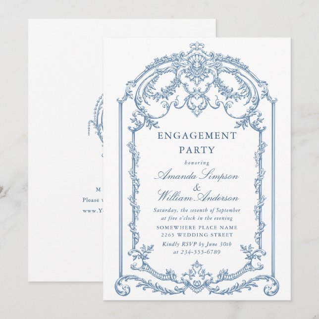 Invitación PARTIDO DE COMPROMISO Azul de Grace Dusty Ornate d (Anverso / Reverso)