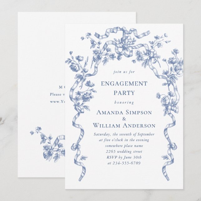 Invitación PARTIDO DE COMPROMISO Azul de Grace Dusty Ornate d (Anverso / Reverso)