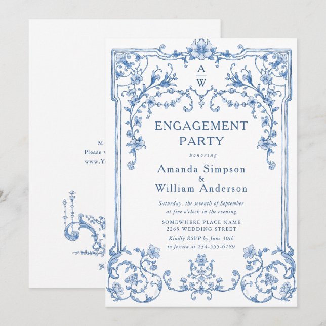 Invitación PARTIDO DE COMPROMISO Azul de Grace Dusty Ornate d (Anverso / Reverso)