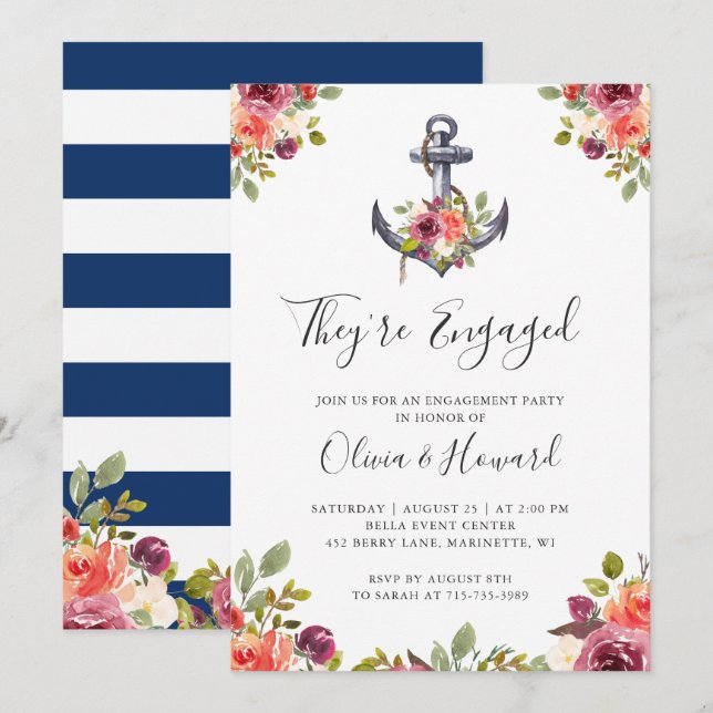 Invitación Partido de compromiso azul de la Marina Floral de  (Anverso / Reverso)