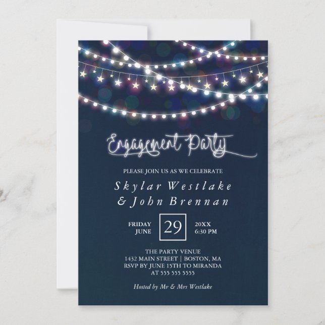 Invitación Partido de compromiso azul de luces de hadas blanc (Anverso)