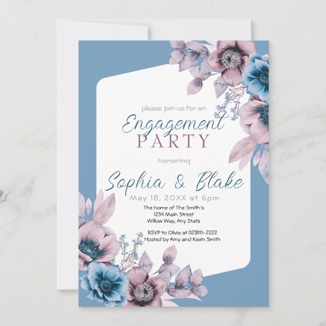 Invitación Partido de compromiso azul floral azul y púrpura (Anverso)