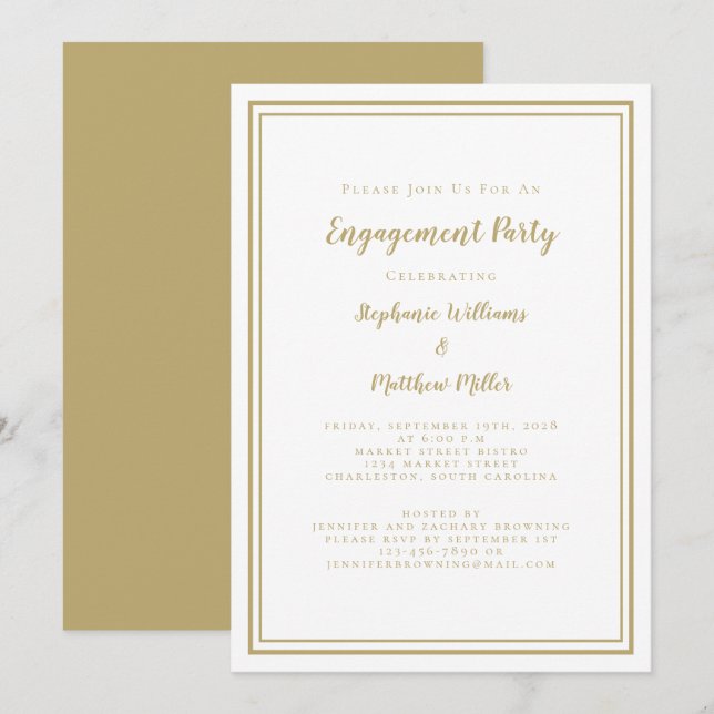 Invitación Partido de compromiso blanco de oro de la Moda Min (Anverso / Reverso)