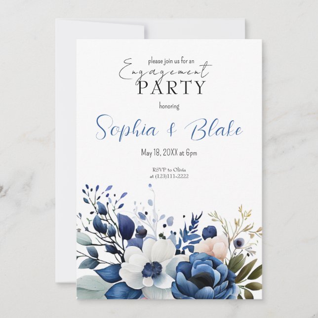 Invitación Partido de compromiso blanco floral azul, blanco y (Anverso)