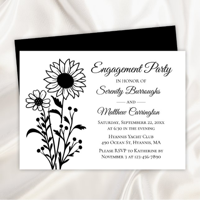Invitación Partido de compromiso blanco negro de girasol flor (Subido por el creador)