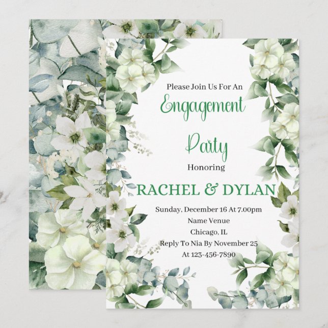 Invitación Partido de compromiso, blanco, verde, floral de fl (Anverso / Reverso)