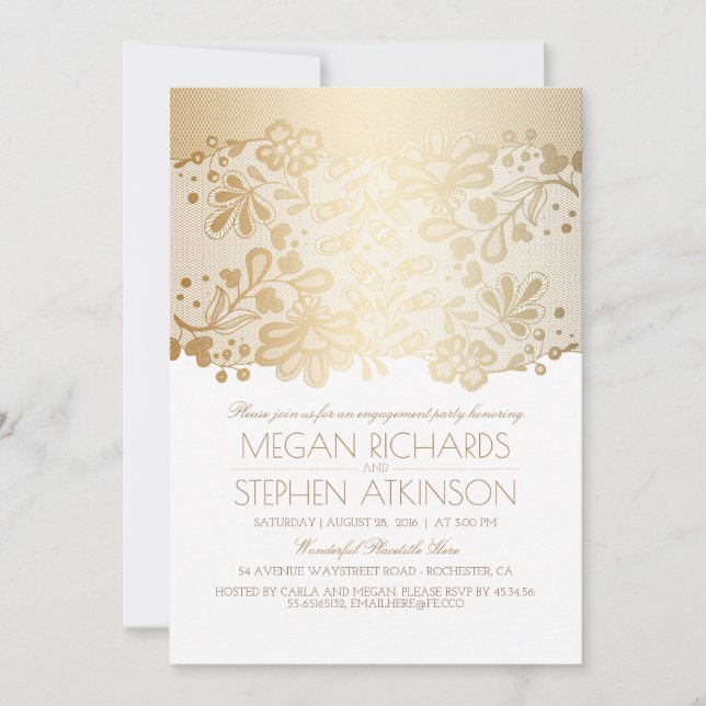 Invitación Partido de compromiso blanco vintage de Gold Lace (Anverso)