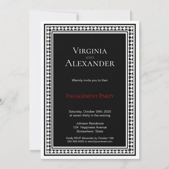 Invitación Partido de compromiso blanco y negro de borde deco (Anverso)