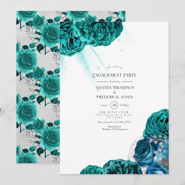 Invitación Partido de compromiso Boda floral verde azulado y  (Anverso / Reverso)